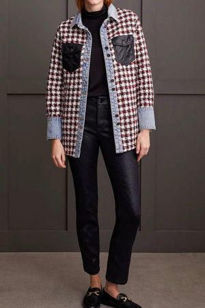 Houndstooth Shacket w/Denim & Faux Leather