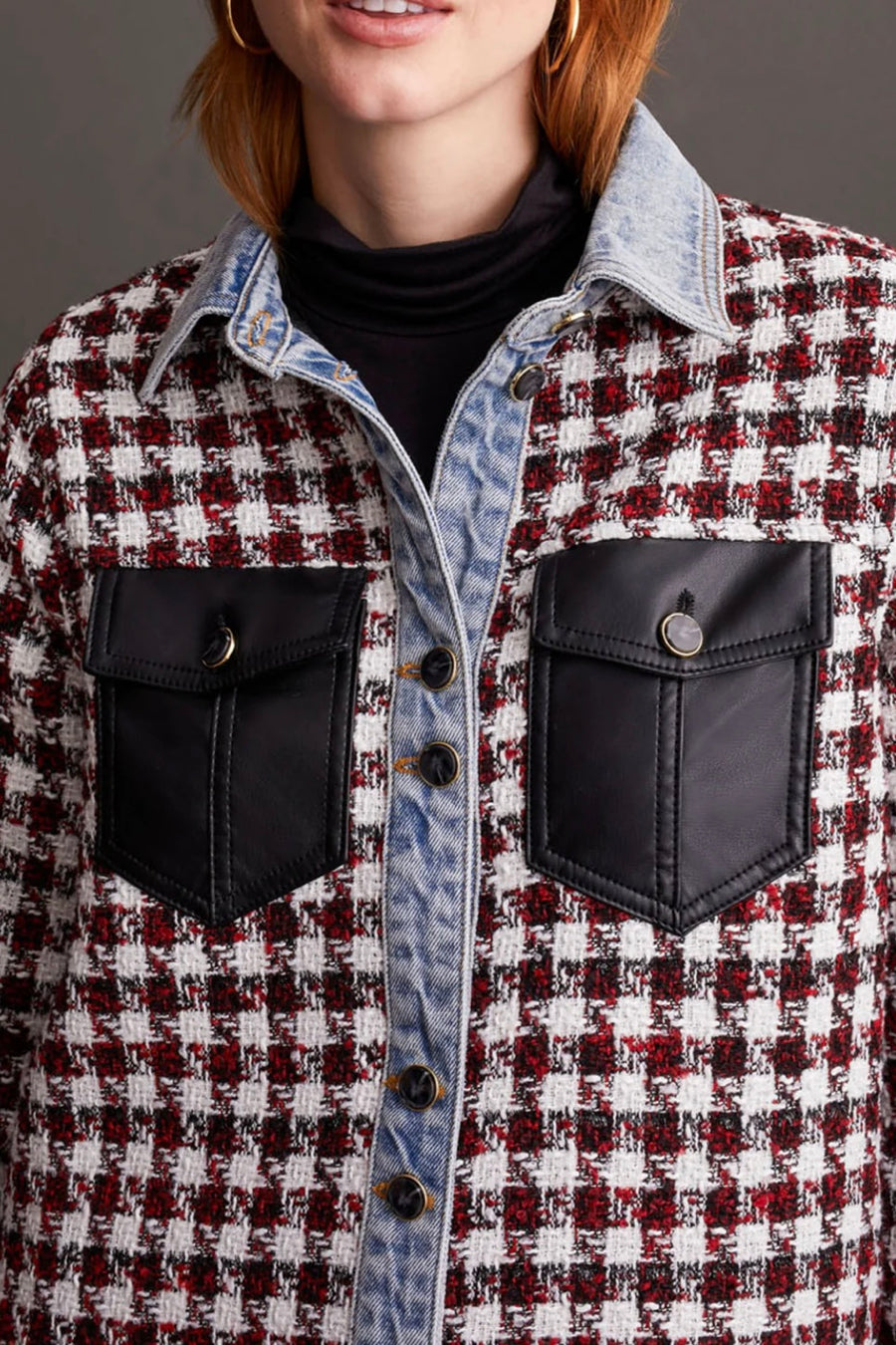 Houndstooth Shacket w/Denim & Faux Leather