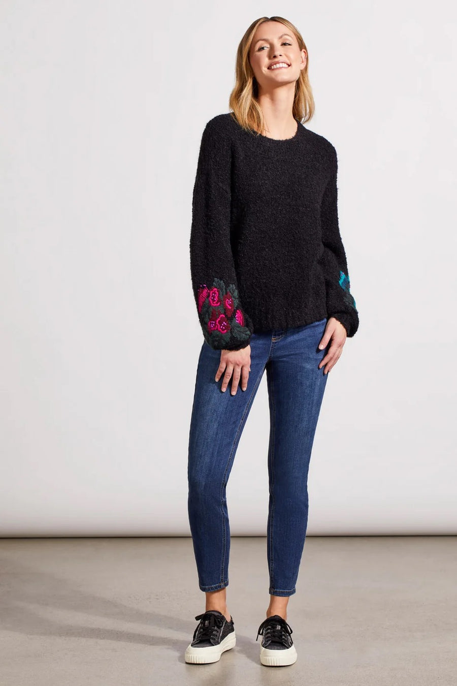 Boucle Sweater w/ Embroidered Sleeves